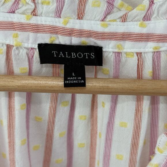 Talbots Jacquard Stripe Smocked Cuff Swiss Dot Blouse Size L Pink Yellow Cottage - Picture 5 of 9
